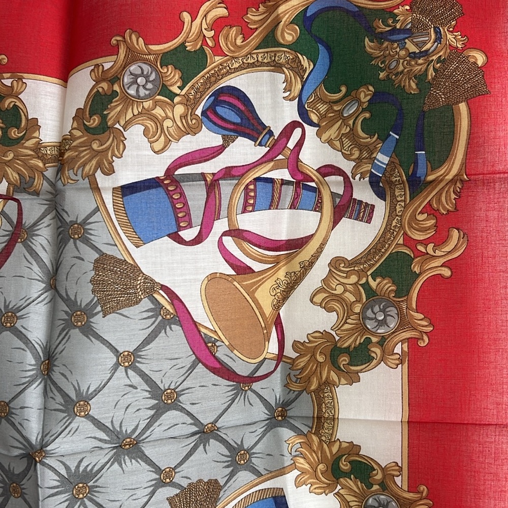 CELINE Paris  trumpet pattern Cotton Handkerchief Scarf Red and white - Picture 10 of 13